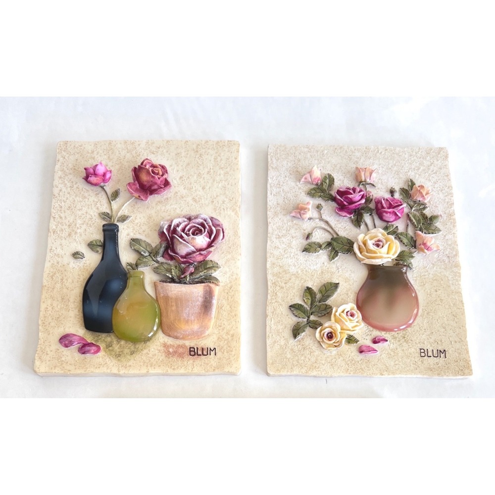 Blum 3D Rose Floral Wall Plaques Set of 2 Pink Cream Textured Relief Decor